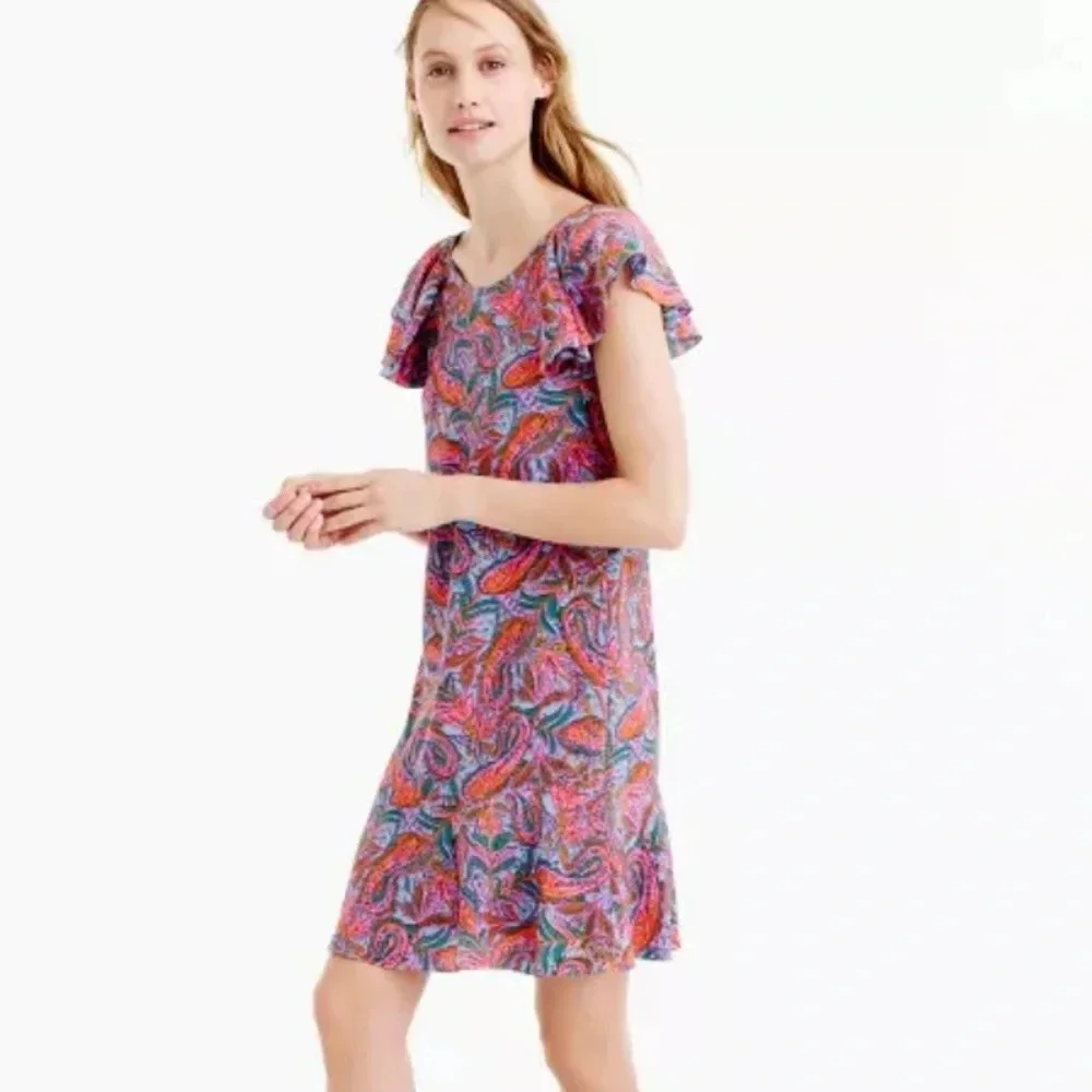 NWT J. Crew Ruffled Dress in‎ Vibrant Paisley Pink